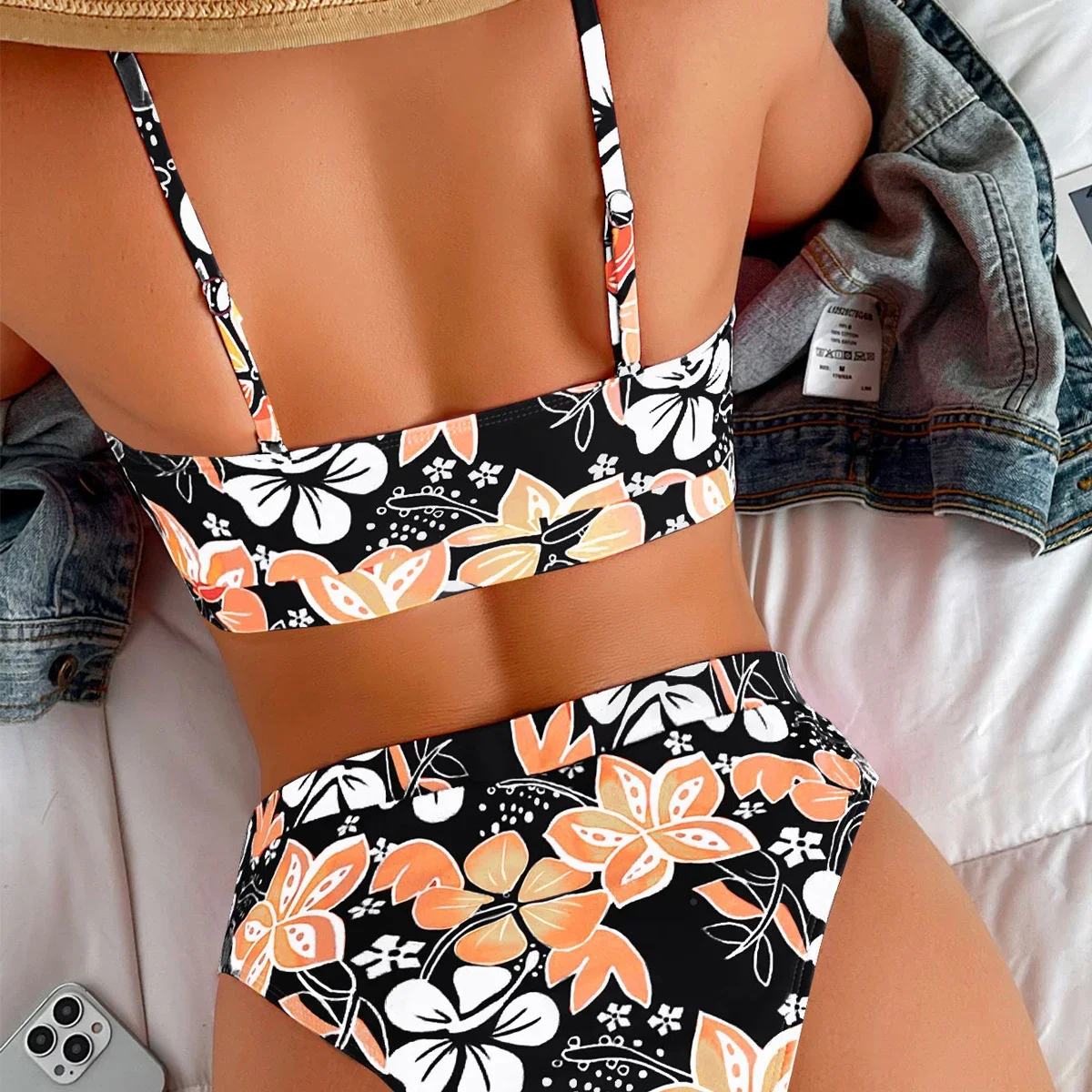 フラワー柄水着 レディース 2023 セクシー ハイウエスト ツーピース ビキニセット Uネック サスペンダー サマー バックレス ビーチ 水着