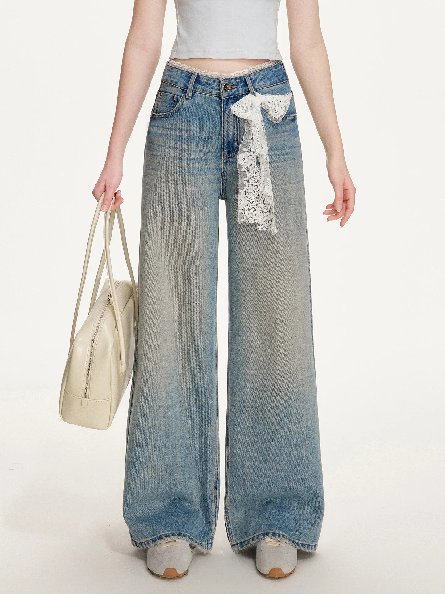 Kroche Casual Wide Leg Denim Jeans Lace Patchwork Belted Ladies Straight Leg Cotton Blend Comfortable Everyday Jeans