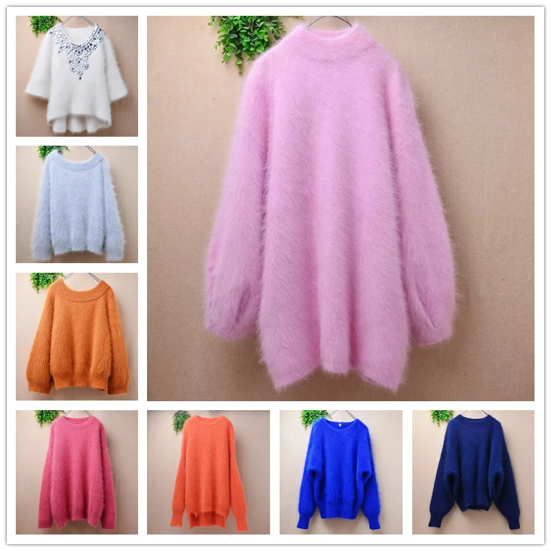 

Women Mujer Autumn Winter Clothing Blue Hairy Mink Cashmere Knitted O-Neck Long Batwing Sleeve Loose Pullover Sweater Jumper Top
