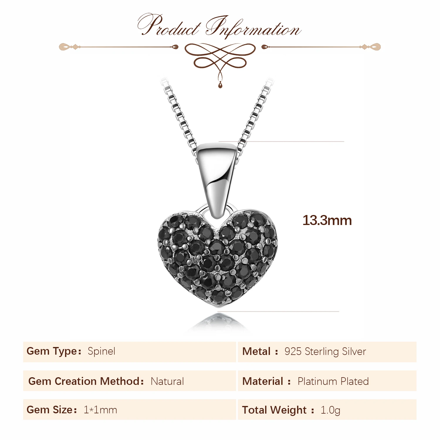 Potiy Heart Natural Black Spinel Pendant Necklace No Chain 925 Sterling Silver for Women Daily Wedding Party Jewelry