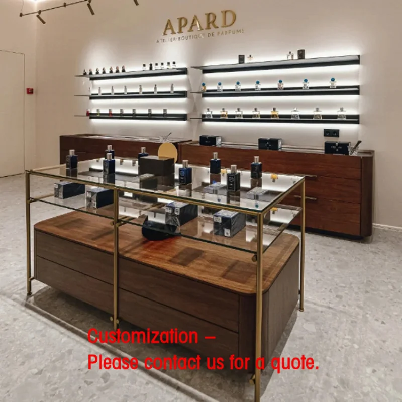 

custom.M2 Display Brown Wooden Boutique Cabinet Interior Display Counter Design Cosmetics Display Showcase