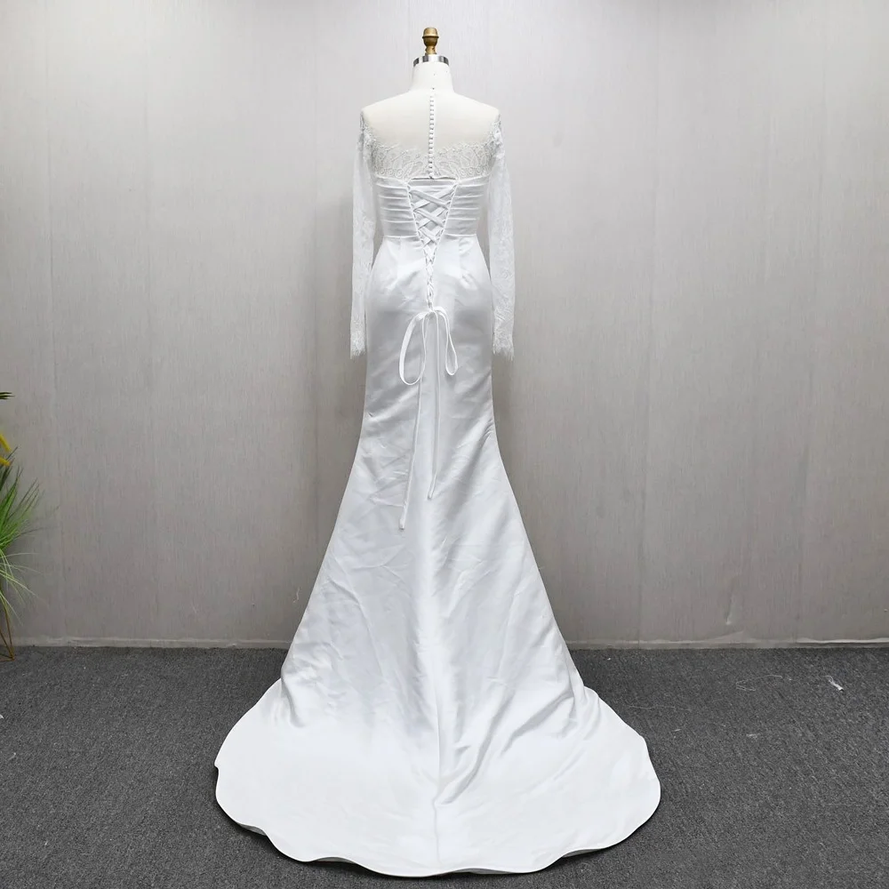 Vestido De Novia 2025 cuello redondo manga larga con cordones botón trasero Sexy sirena Vestido De Novia personalizado mujeres con tren desmontable