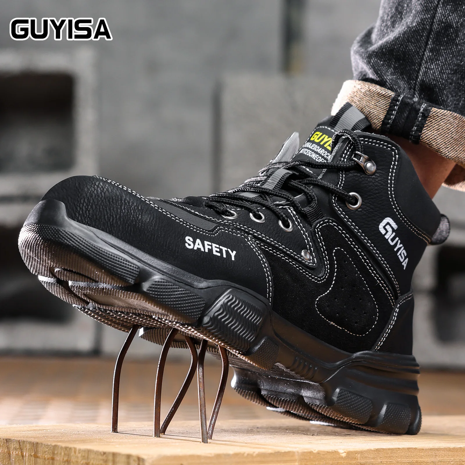 GUYISA Scarpe da lavoro da uomo, punta in acciaio anti smashing e anti piercing, scarpe antinfortunistiche professionali leggere