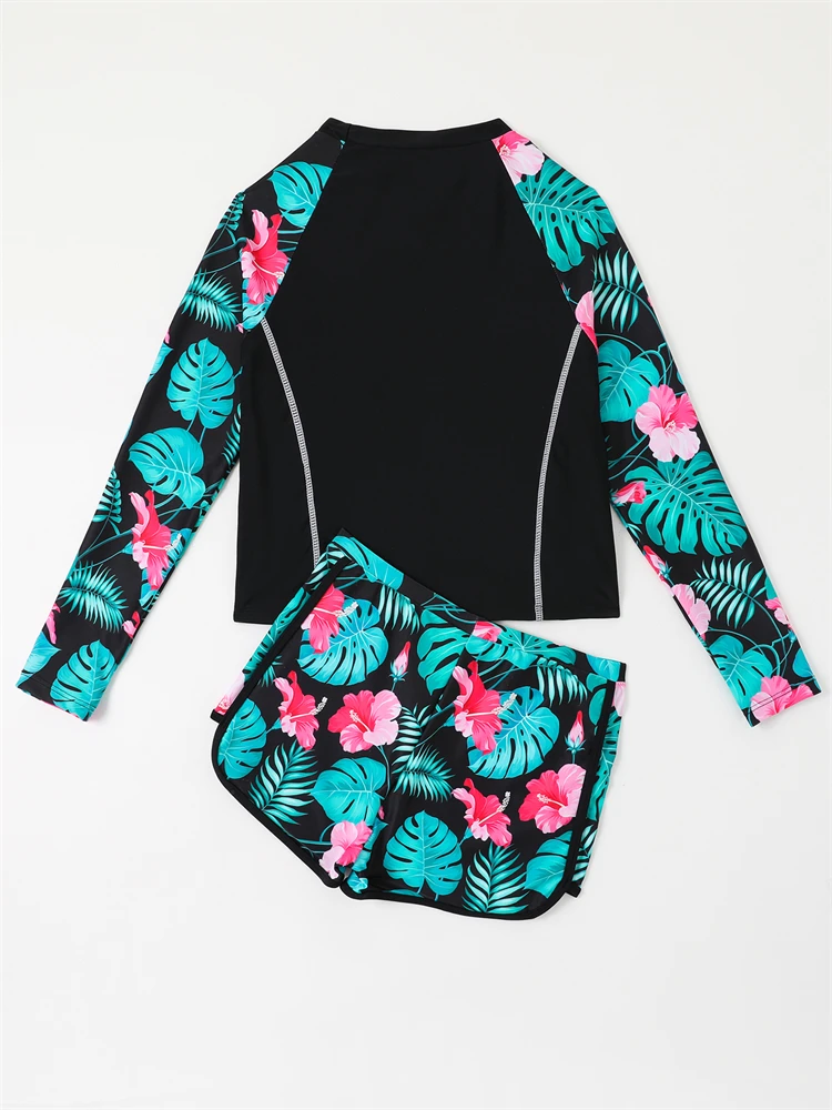 Girls Kids Swimsuit 2024 New Solid Print Long Sleeves Children Swimwear Summer Two Piece Shorts Beach Wear Bathing Suit Swimming