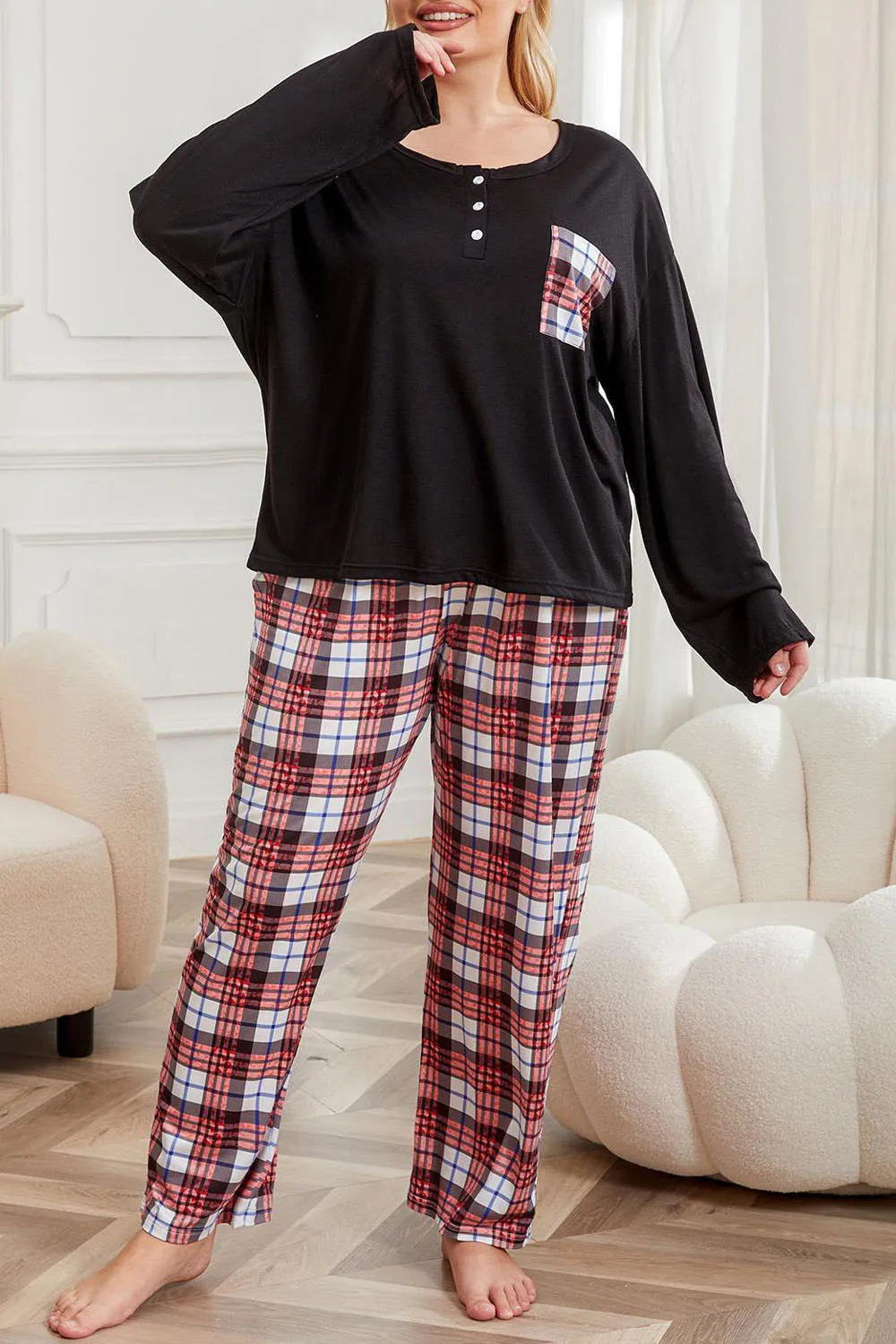 Plus Size Fall Winter Casual Black Long Sleeve Patch Pockets Tops & Plaid Print Long Pants Loose Christmas Pajamas 2 Pieces Sets