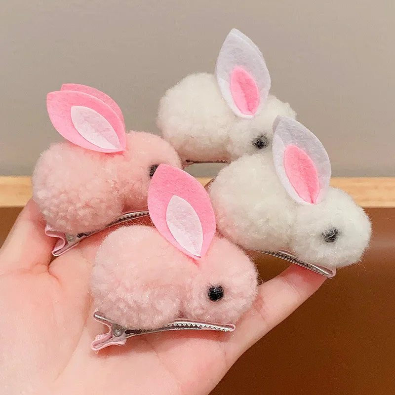 2pcs Cute Plush Bunny Hair Clip Sweet Winter Mini Stuffed Rabbit Ear Duckbill Bobby Hairpins For Baby Toddlers Children\'S Gifts