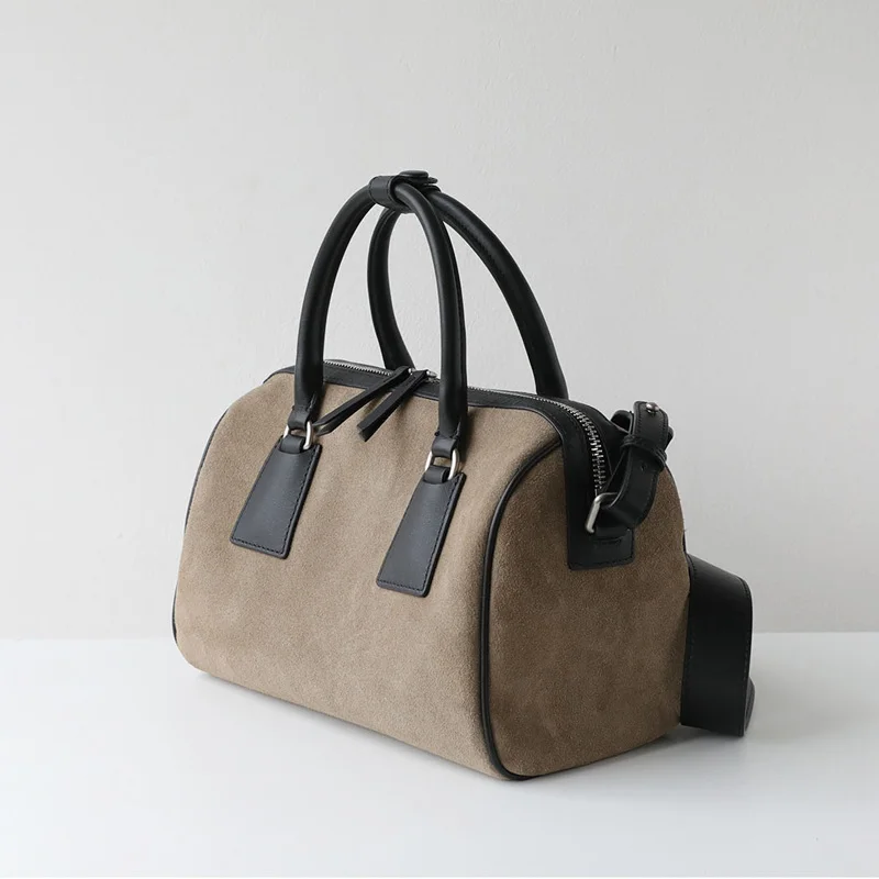 Lady Suede Genuine Leather Shoulder Bag Large Capacity Boston Handbags for Women Versatile Color Blocking Pillow Crossbody Bag