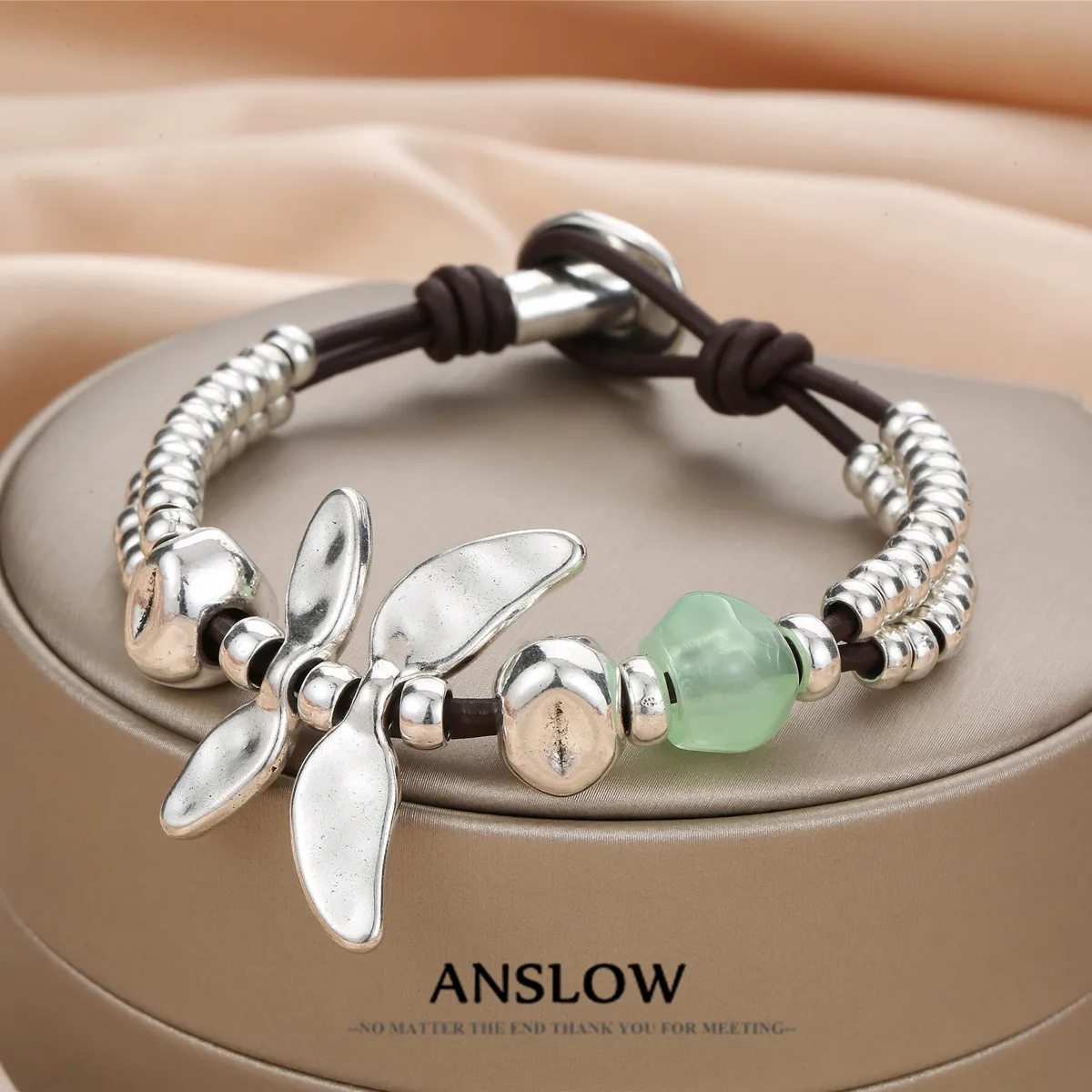 Anslow Top Quality Fashion Antique Silver Plated Retro Vintage Dragonfly Handmade Leather Bracelet For Women Female Wholesale