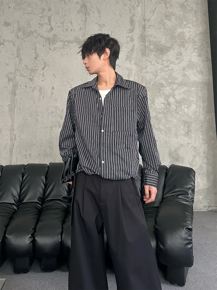 Casual Striped Long Sleeve Shirt Marthenaut Design Sensation Fake Two-Piece Simple Collar Leisure Top for Youth Non-Business Use
