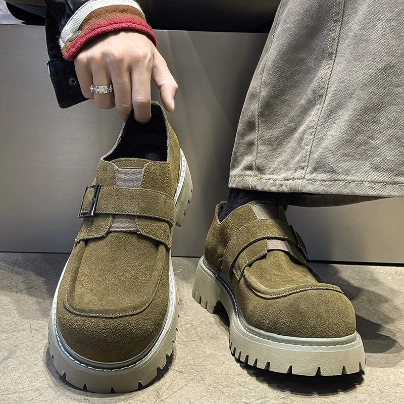 Men's Cow Suede Leather Shoes Retro Tooling Work Sneakers Trendy Big Toe Belt Buckle Outdoor Casual Shoes for Men Zapatos Hombre