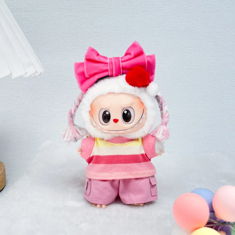 

Sweet Style LABUBU Outfit Pink Bow Headband Striped Top Cargo Pants Fits 15/17cm 1st 2nd 3rd Gen Festival Gift