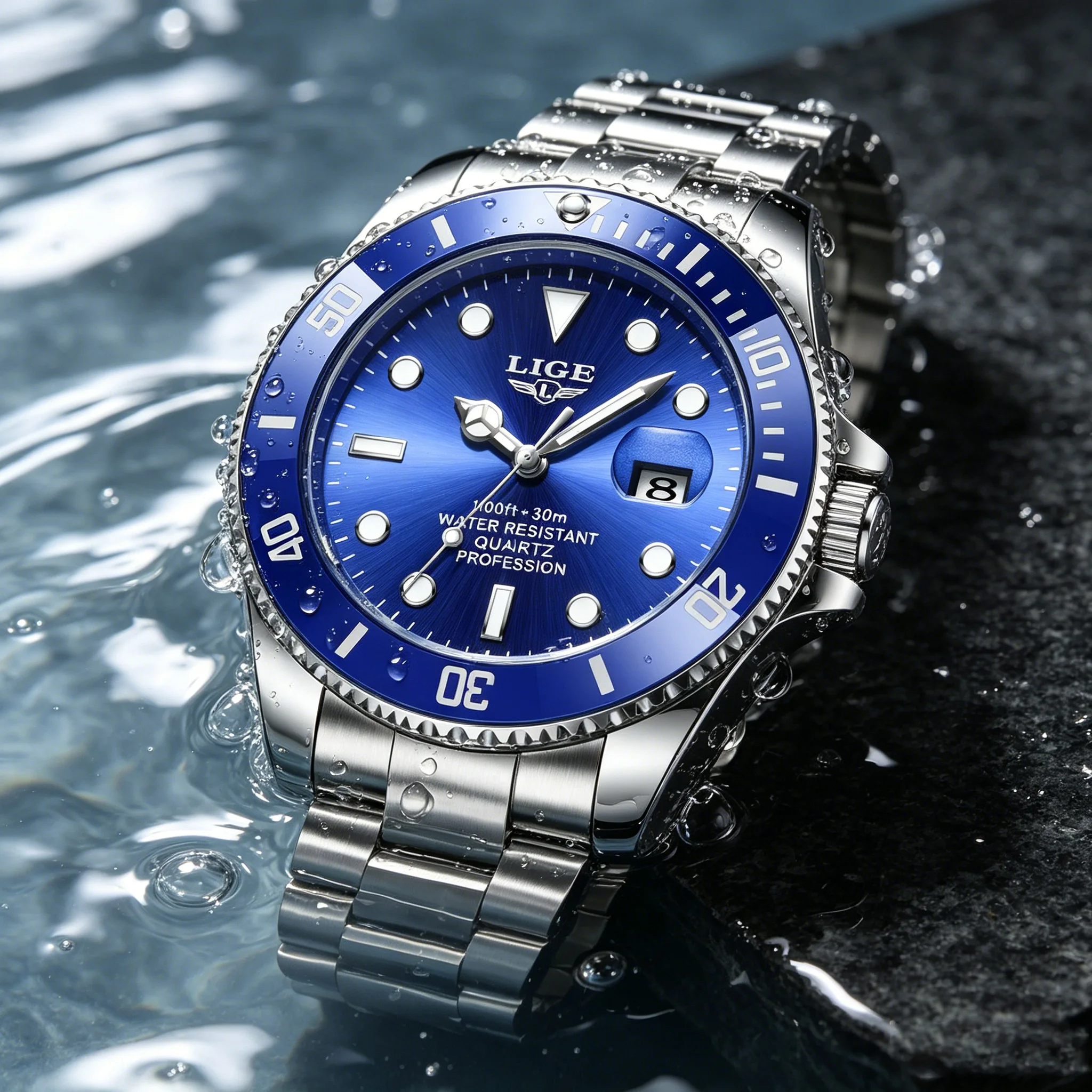 LIGE Stainless Steel Watch Men's European and American Business Leisure Quartz Watch Waterproof Outdoor Sports Watch Gift+Box