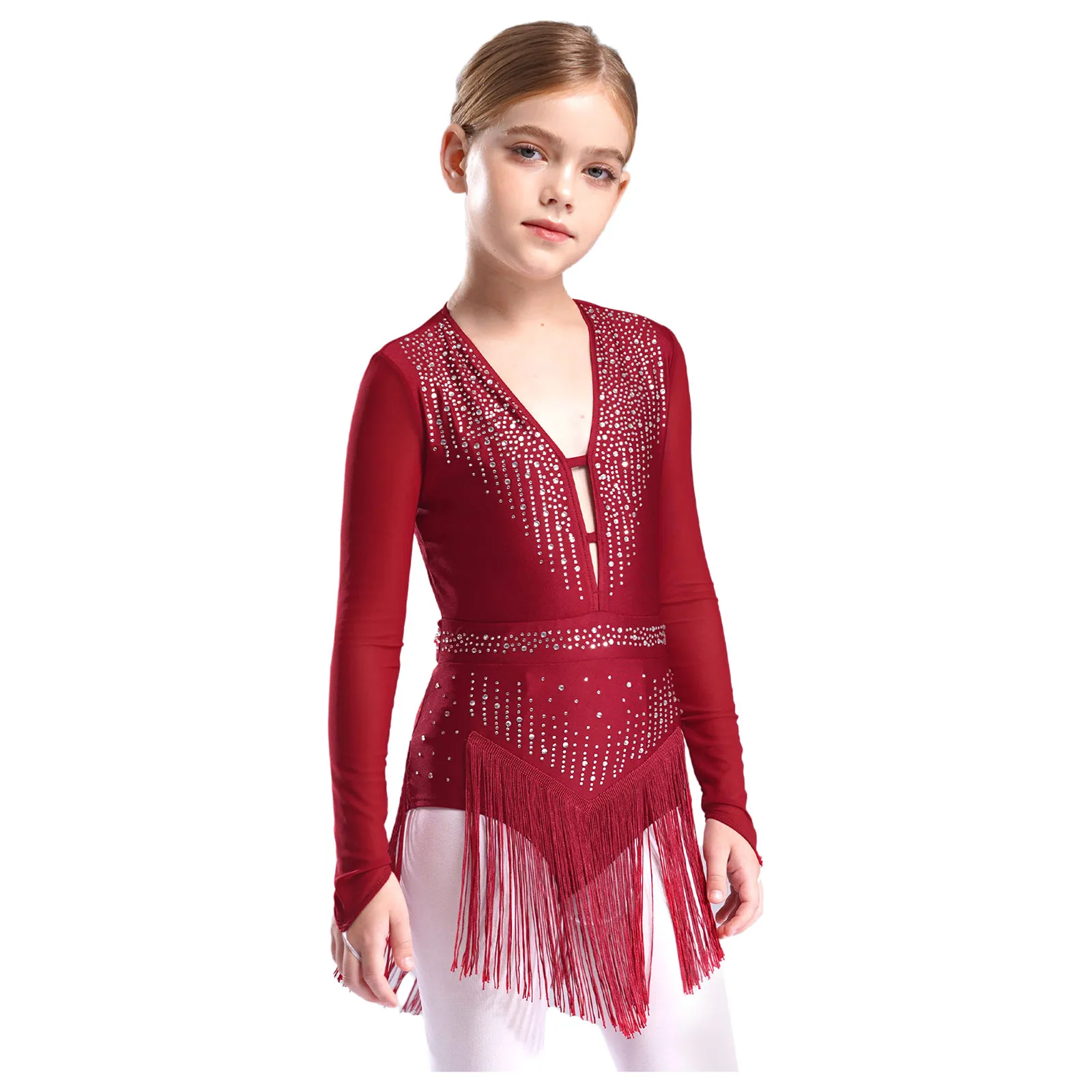 Kinder Mädchen Latin Dance Body Eiskunstlauf Cha-cha Samba Rumba Tango Kleid Langarm Glänzenden Strass Ausschnitt Quaste Trikot