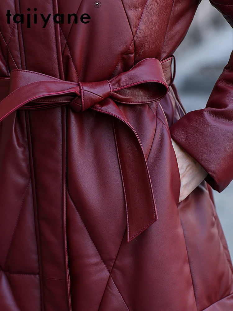معطف نسائي من TAJIYANE مصنوع من جلد الغنم الحقيقي معاطف نسائية طويلة بحزام نحيف سترة أنيقة من الجلد الطبيعي باللون الأحمر ملابس شتوية للسيدات 2025 신상 Jadicuit #5