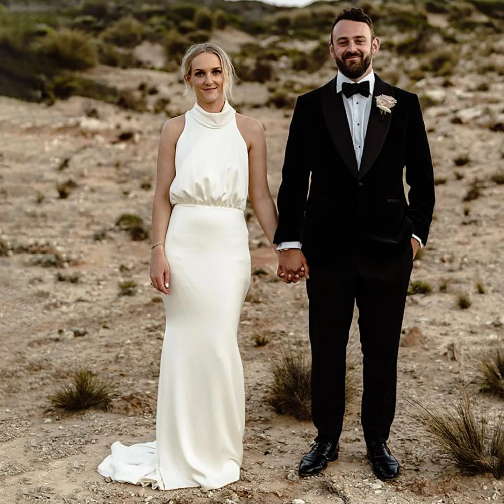 Vestido de novia de satén de seda Simple, drapeado, con espalda desbocada, cuello alto, Maxi Espalda descubierta, fruncido, talla grande