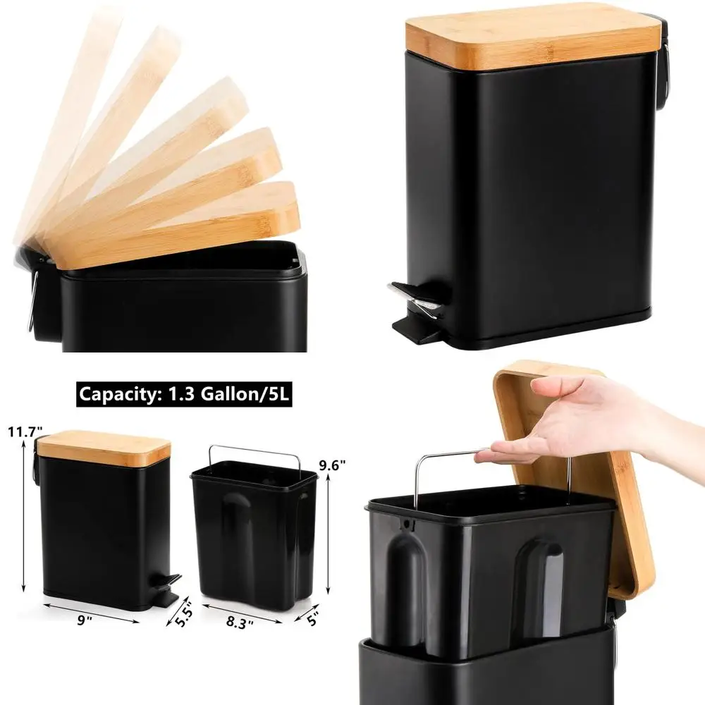 

Корзина для мусора с мягким закрыванием объемом 1,3 галлона со съемным вкладышем, идеально подходящая для дома, офиса и автофургона, черная