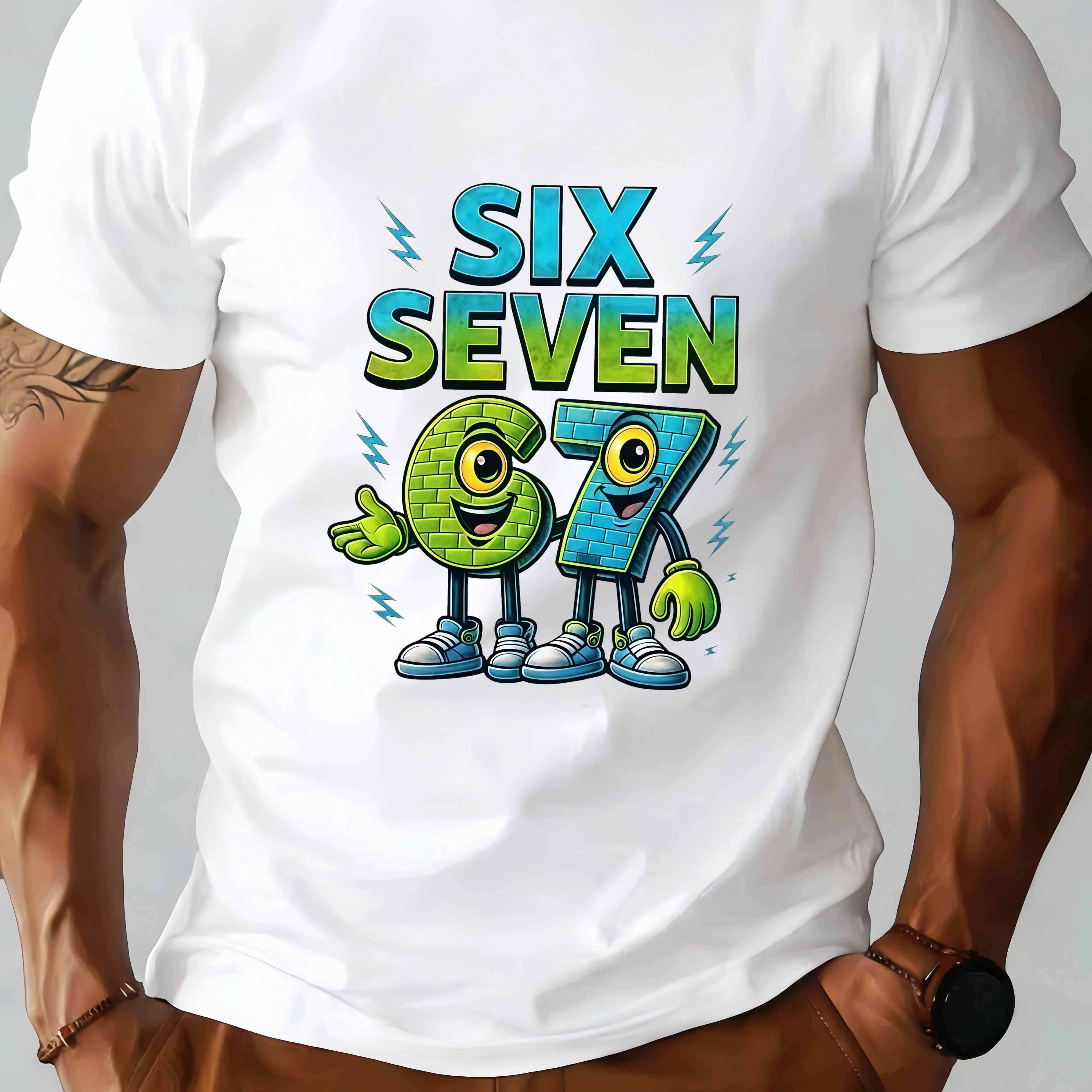 Men's Casual SIX SEVEN Short-Sleeved T-Shirt - White Background with Brick Pattern Cartoon - 67 Print Shirt Men's Clothing