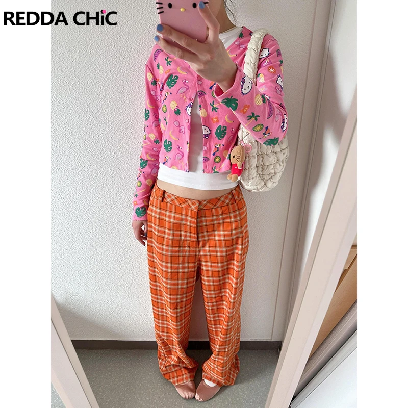 ReddaChic Women Checkered Wide Leg Suit Pants Office Lady High Rise Pleated Draped Thin Long Trousers Work Casual Retro Clothes