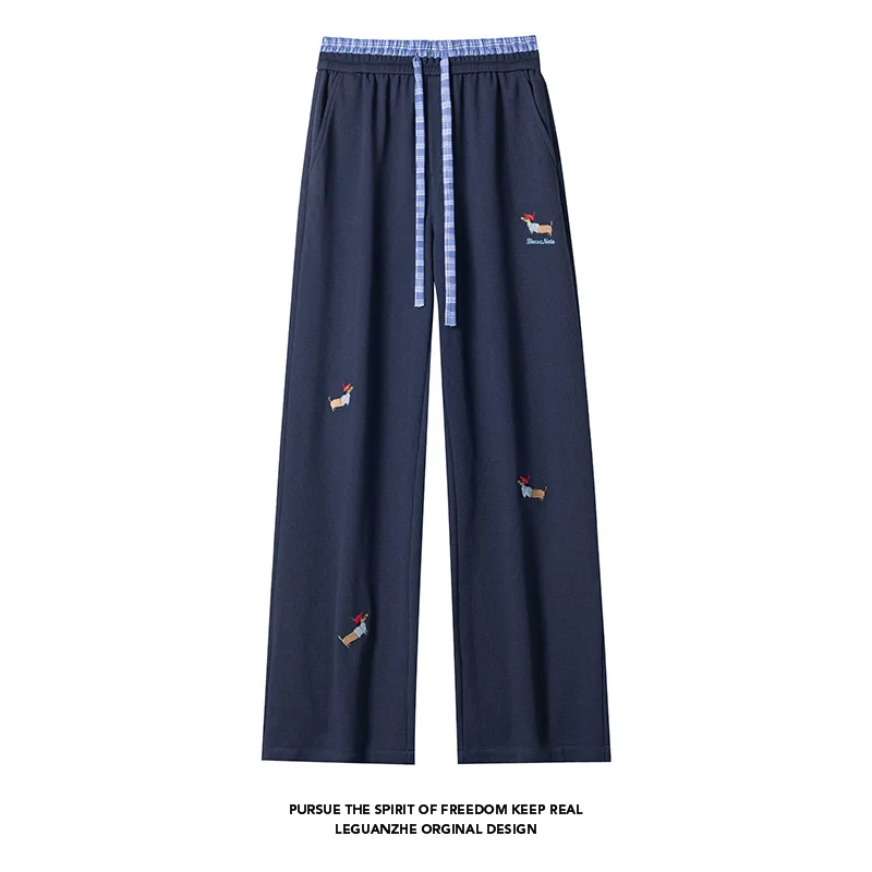 【Mirrordust】2025 Autumn Double Waistband Puppy Embroidery Long Pants American Street Style Casual Sweatpants M-5XL