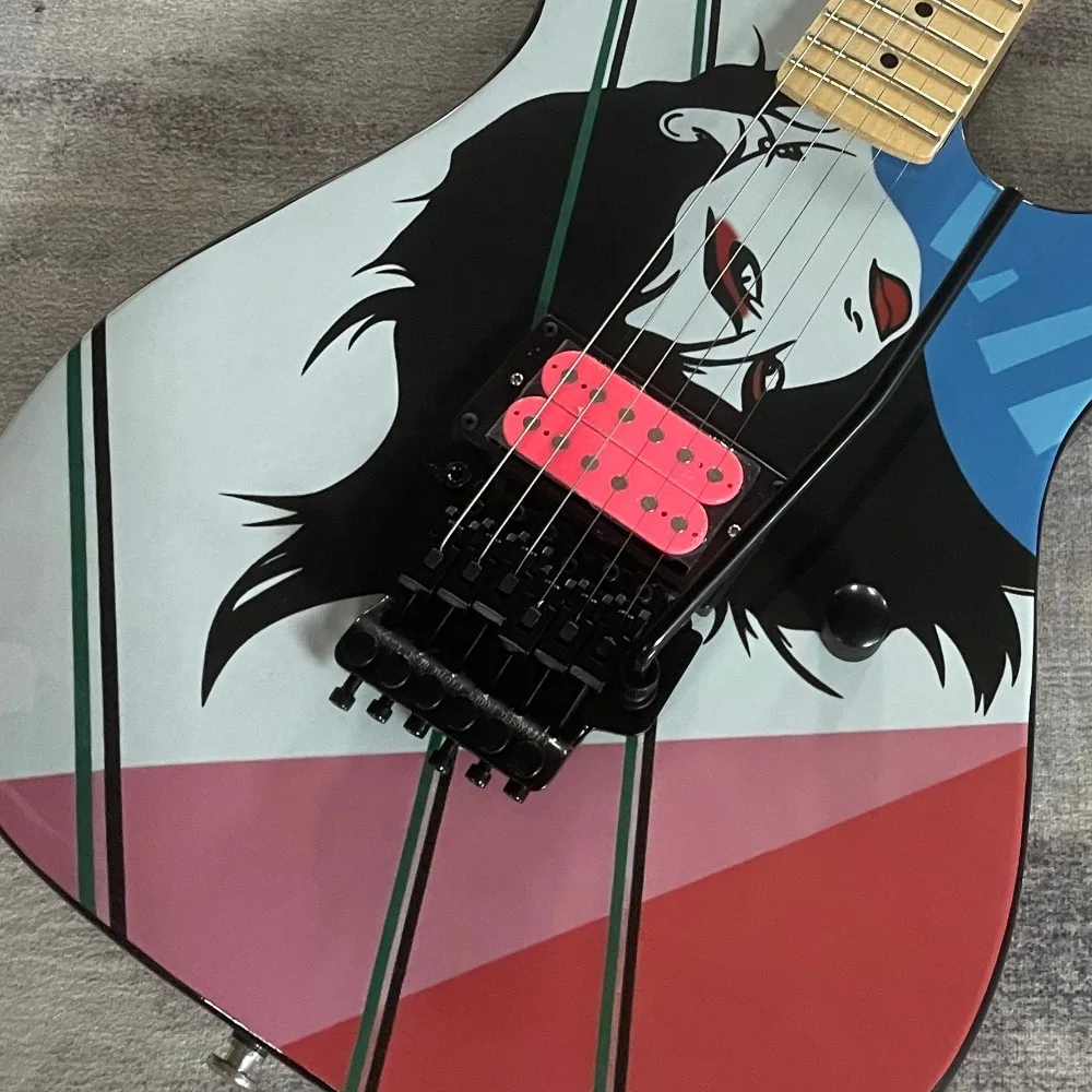80s Glam Metal Shape Pop Art Girl Painted Graphic Pink Finish Humbucker Pickups Double-Locking Tremolo Electric Guitar