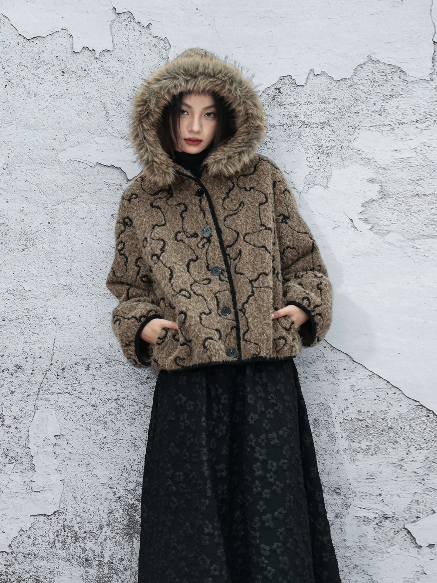 

Thiened шерстяное пальто с вышивкой Fem Vintage Sle весна осень зима длинное све с капюшоном Jaet Big Qing Long Si