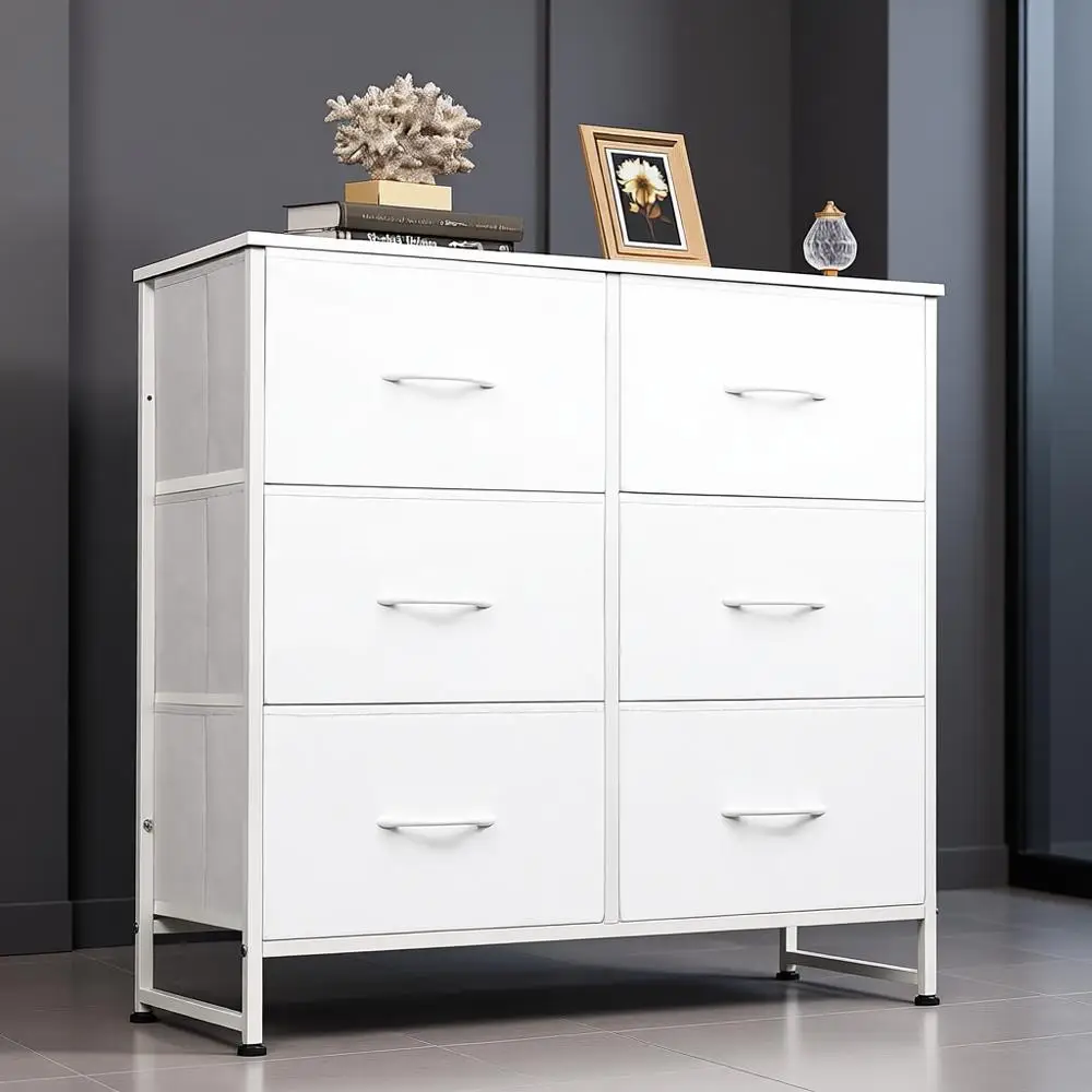 

White Bedroom Dresser with 6 Drawers, Fabric Storage Tower with Bins, Chest of Drawers or Closet, Living Room, Hallway