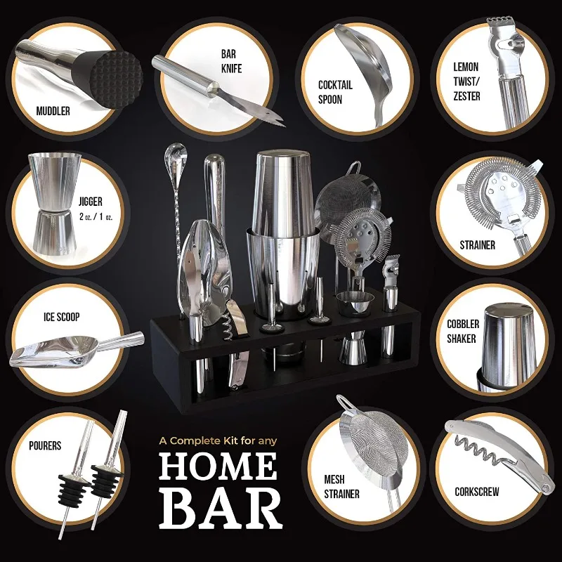 All-in-one Bartender Mixing Kit With Bamboo Stand, Stainless Steel Cocktail Shaker Full Bar Tools, Giftable Barware For Home Par