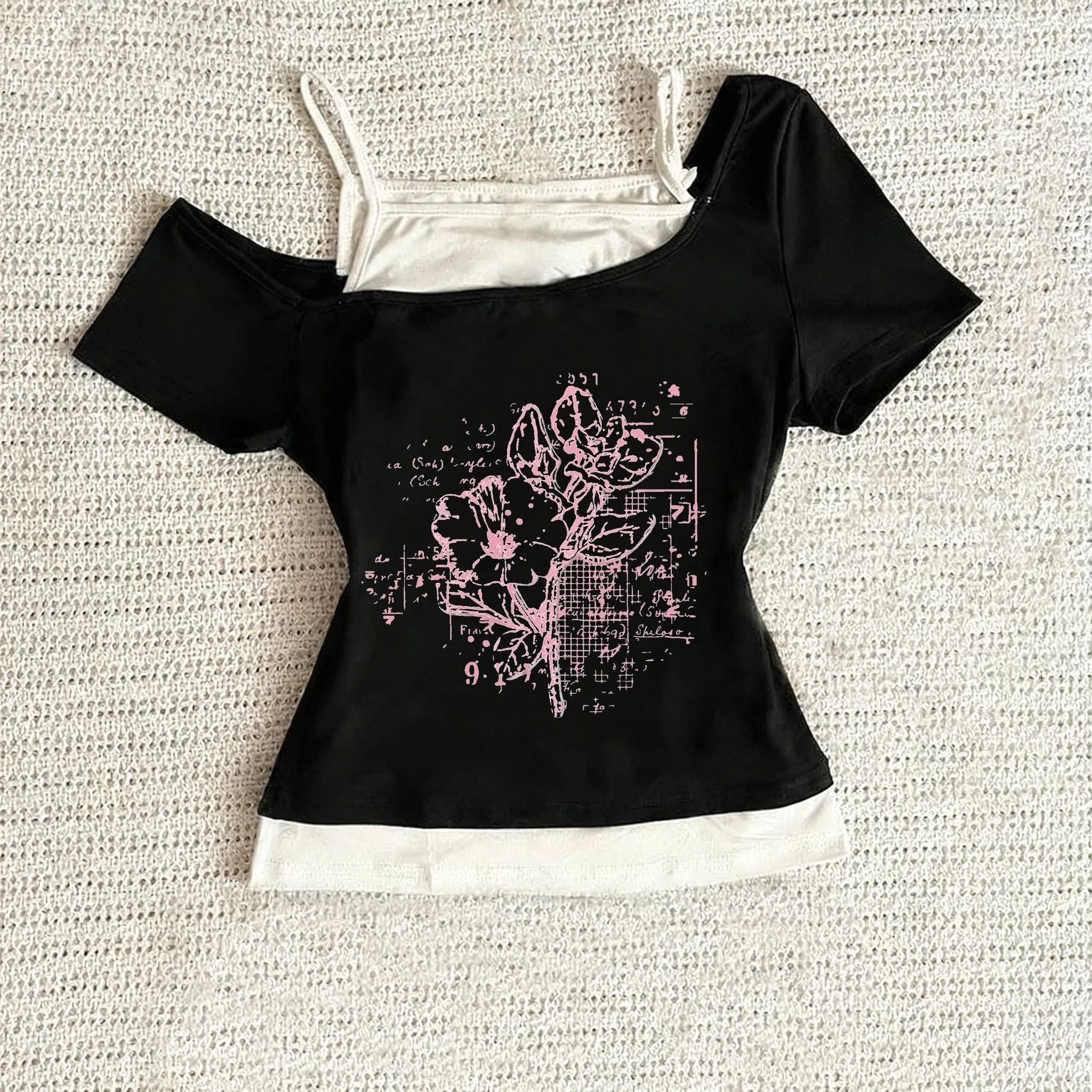 Korean Y2K Spring/Summer New Style Fake Two Piece DIY Printed Women's Top Fake Two Piece Fashionable Versatile Millennium Style