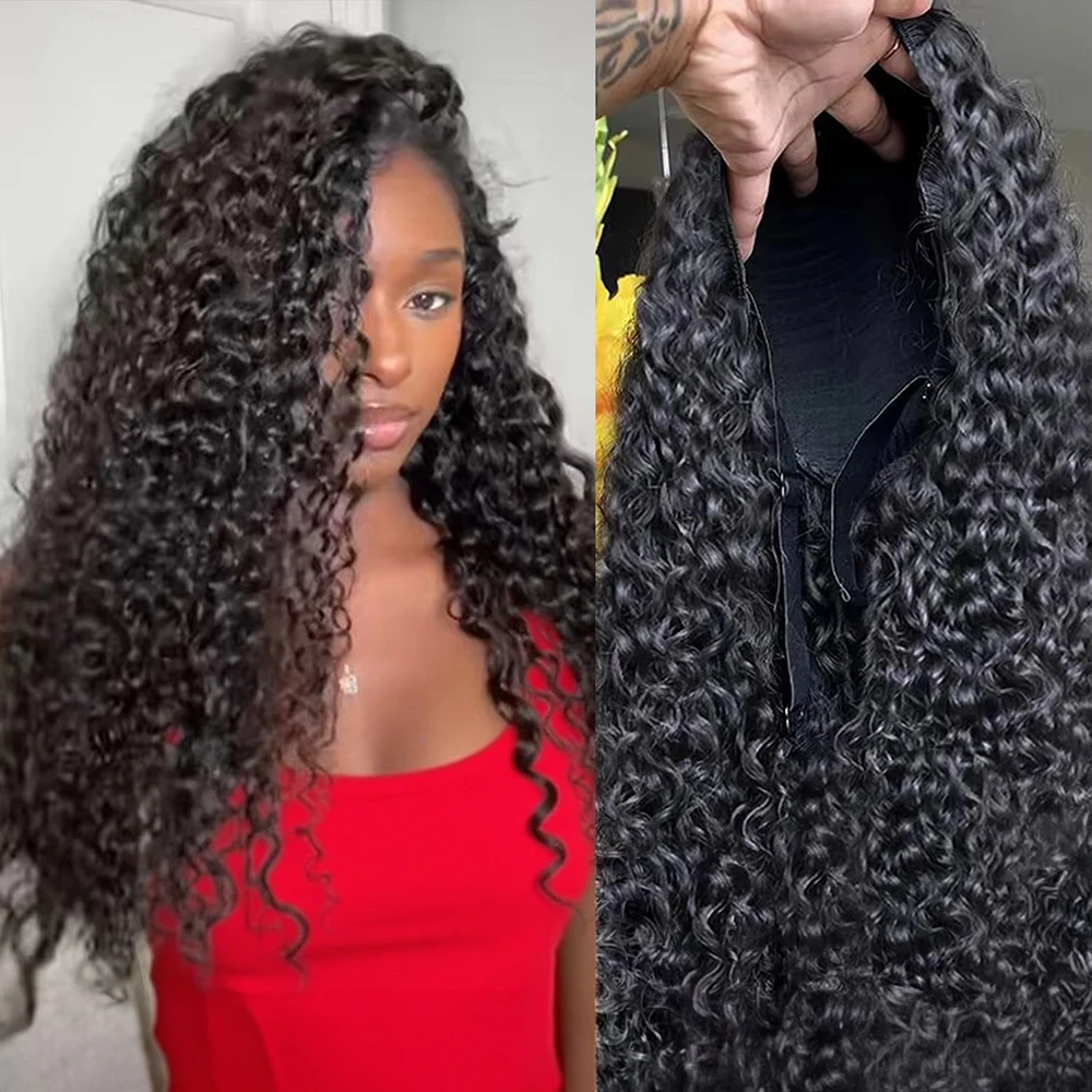 Halve pruik van echt haar, lijmloze pruiken upgrade 3-in-1 trekkoord naadloze clip-ins omkeerbare kinky krullen pruik zonder lijm dames 16 inch - afbeelding 2