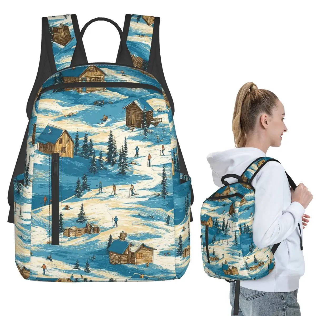 

Cartoon Skiers Snowy Slopes Pattern Backpack Student BookBag Kids School Bag Laptop Shoulder Bags Boys Girls