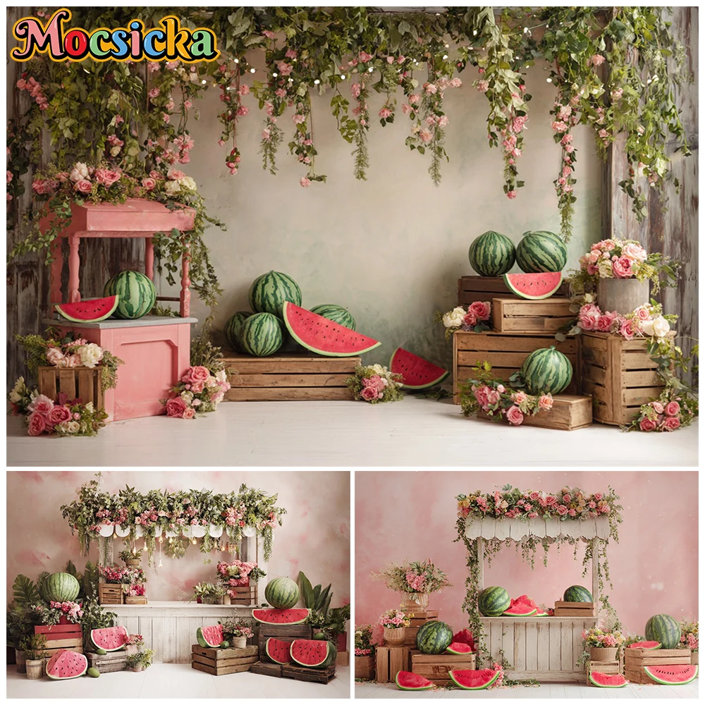 Mocsicka Watermelon Party Backdrop Greenery Vines Pink Roses Studio Background Summer Cake Smash Kids Birthday Photoshoot Banner