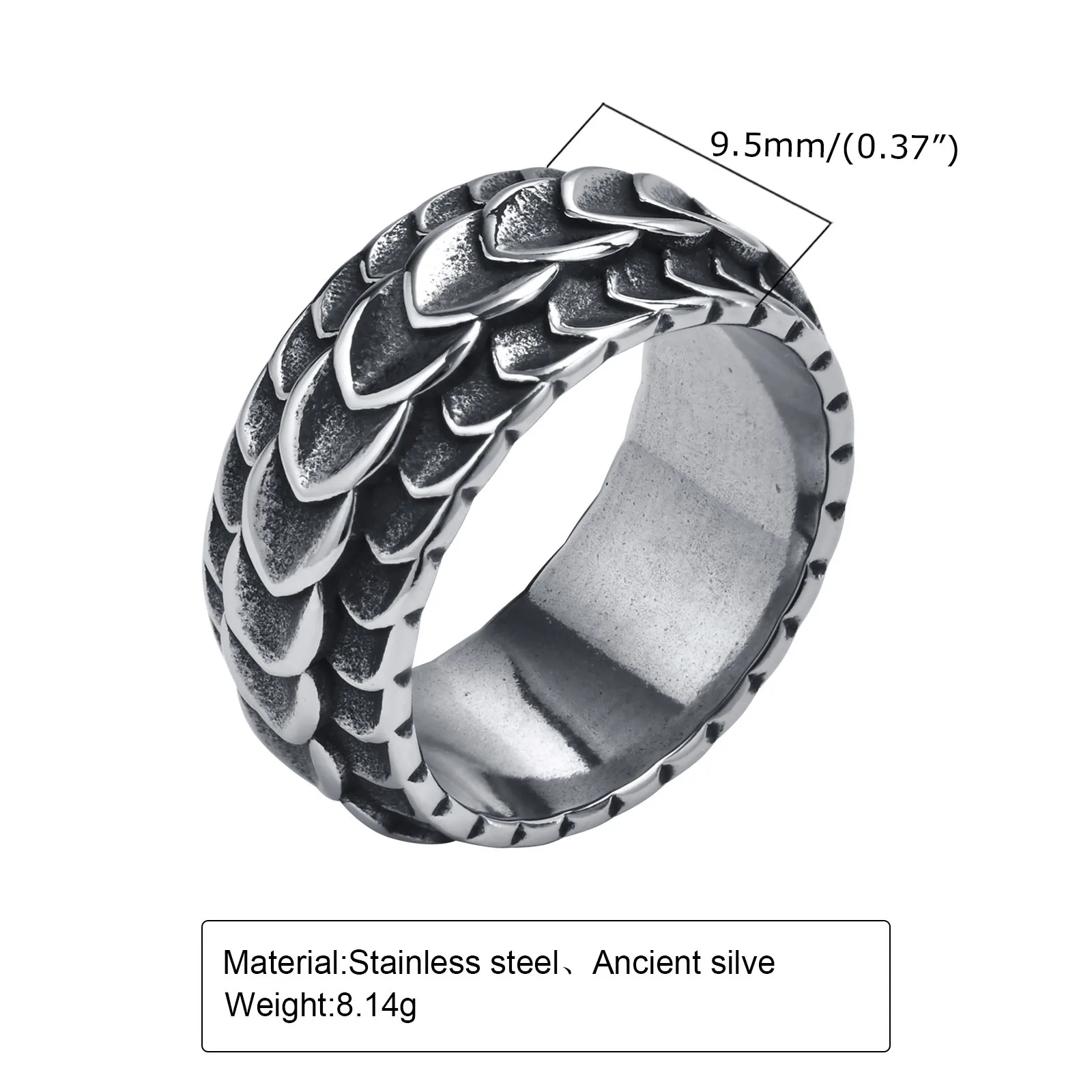 Vnox Rock Punk Viking Dragon Carved Surface Rings for Men Jewelry,Vintage Silver Color Stainless Steel Male Finger Bands