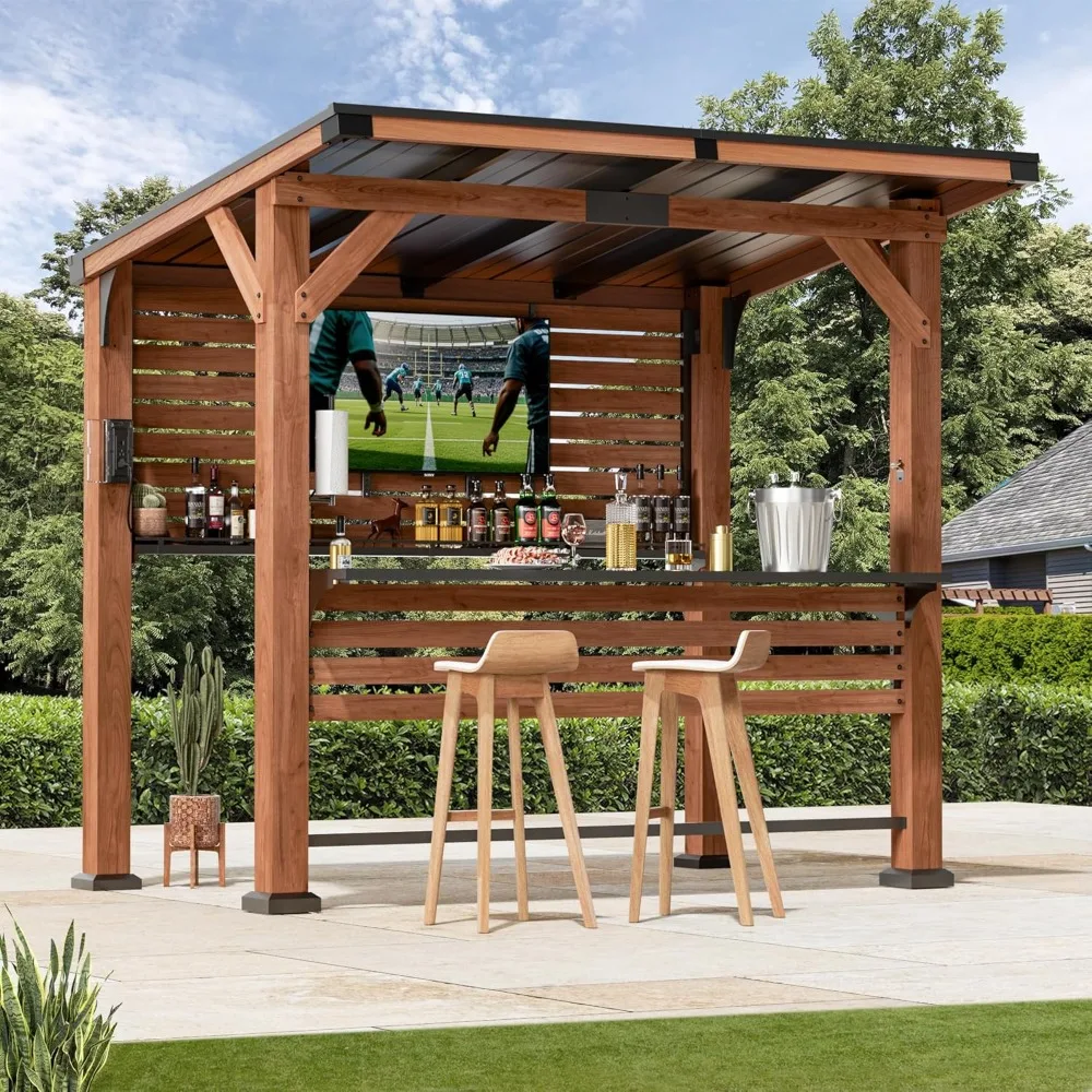 Modern Shade The Aura Cedar Wood Entertainment Bar Center, Wood Gazebo Grill Pavilion with Shelves & Paper Towel Holder, Grill G