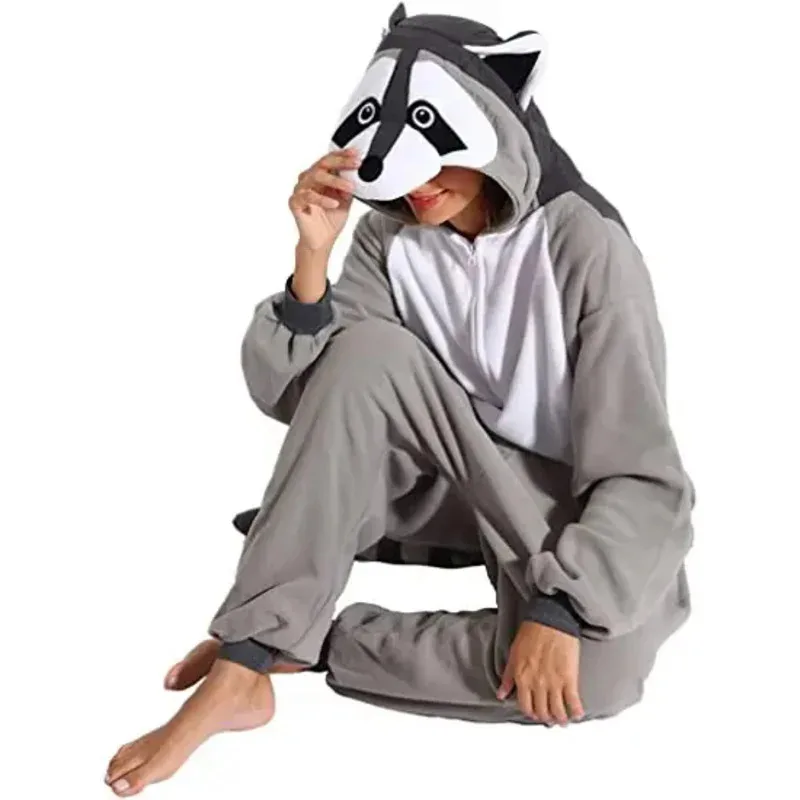 Grigio Procione Kigurumi Onesies Anime Cartoon Donna Uomo Pigiama Halloween Natale Cosplay Anime Pijama completo per il corpo