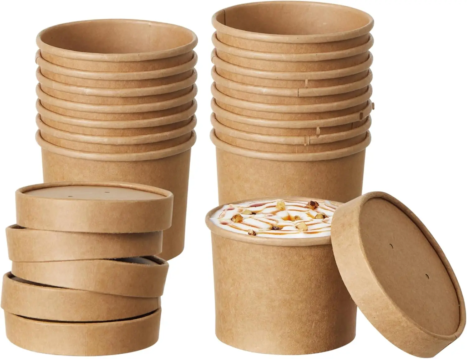 

Disposable Kraft Paper Soup Cups with Lids, Paper Food Containers, Ice Cream Cups, To Go Bowls for Hot and Cold Food Com