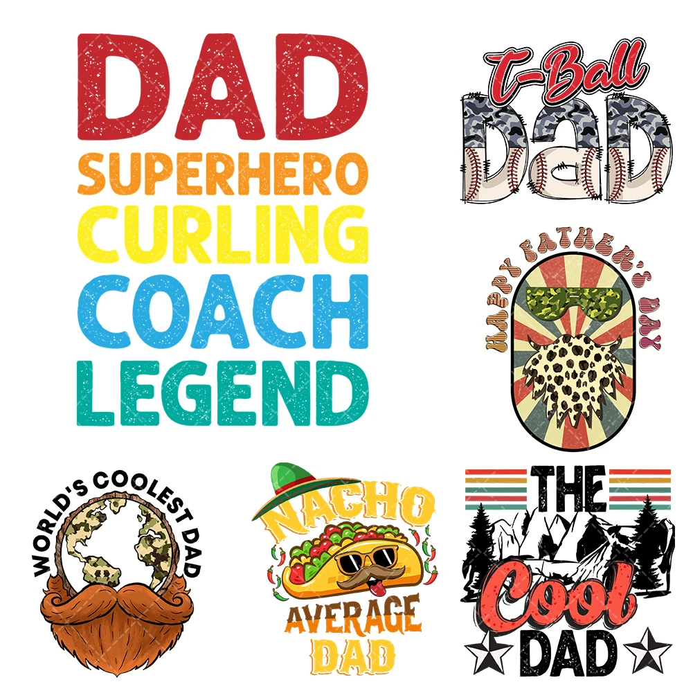 Father's Day dad  Iron On Heat Transfer Stickers For Clothes DTF Pinted Vinyl Thermal Appliques Washable T-Shirt Decal