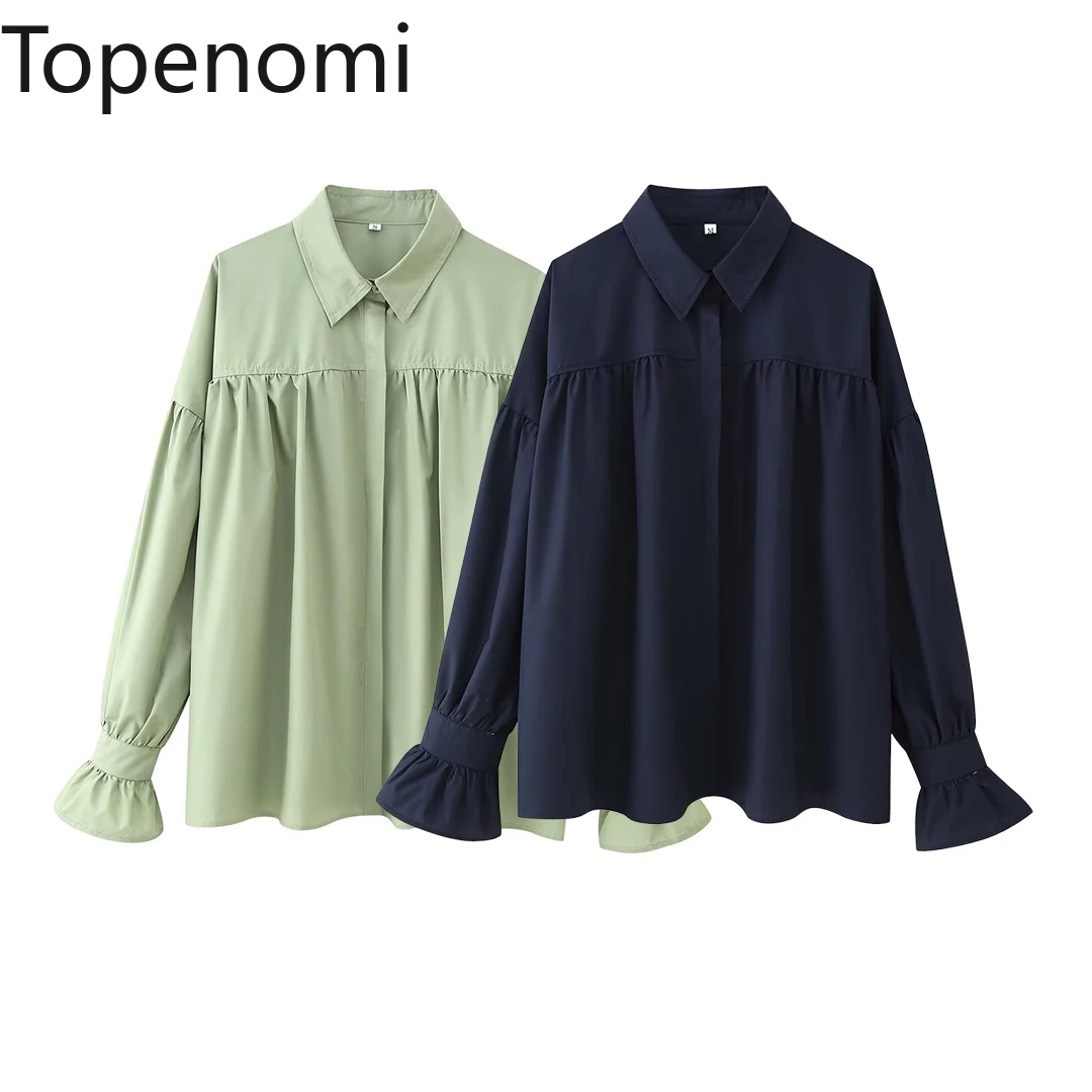 

Topenomi Elegant Lantern Sleeve Shirts Women 2025 New Lapel Loose Versatile Tops Korean Simple Solid Folds Office Lady Blouse