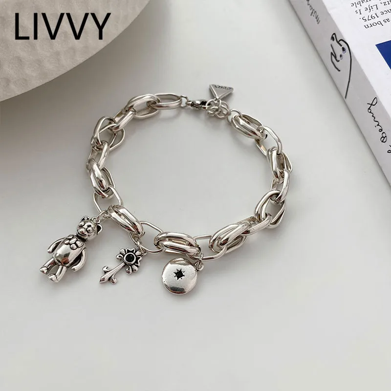 LIVVY Thai Silver Color Bracelet New Fashion Vintage Punk Lovely Bear Flower Round Pendant  Party Jewelry Gifts