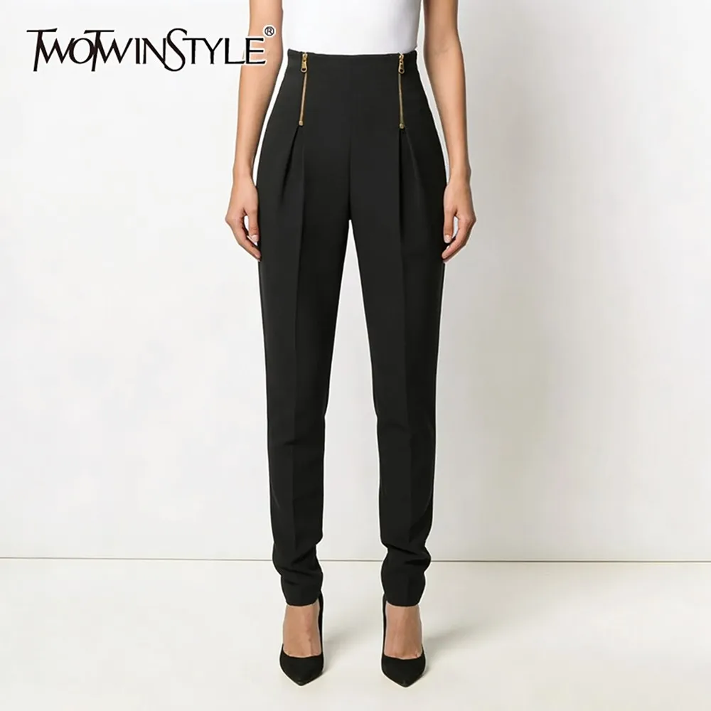 Twotwinstyle preto emendado dobras chique calças femininas cintura alta emagrecimento minimalista streetwear calças femininas outono nova moda