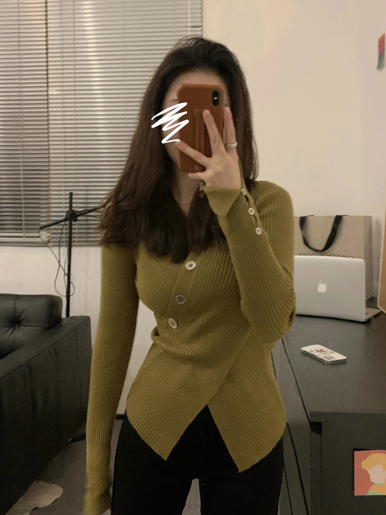 Slim Fit V-Neck Knitted Long Sleeve Sweater Cross A4 Waist Split Head over Footwear French Style Casual Travel Date Office Wear