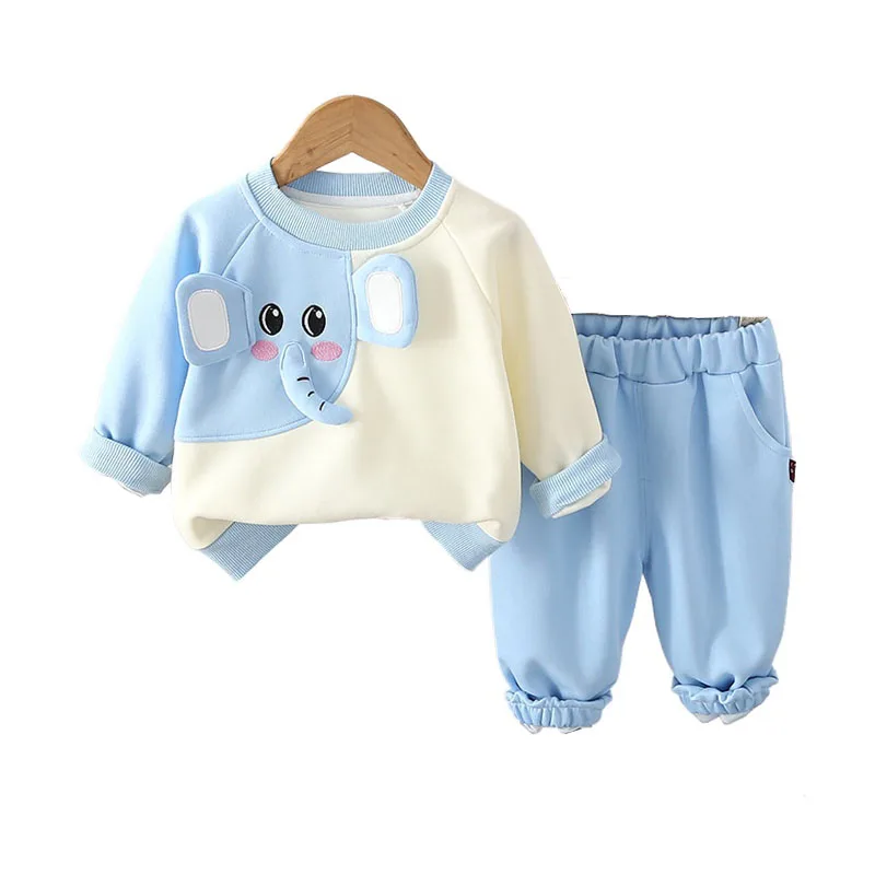 Toddler 2 Piece Outfit 2025 Spring Baby Boy Boutique Clothes 1-5T Cartoon Elephant Patchwork Pullover Tops and Pants Kids Set