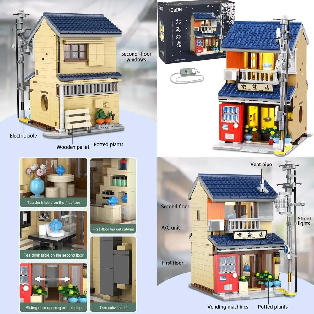 Kit de construcción de casa de té de estilo japonés, juego de ladrillos modulares de 1200 piezas con luces, regalo ideal para todas las edades
