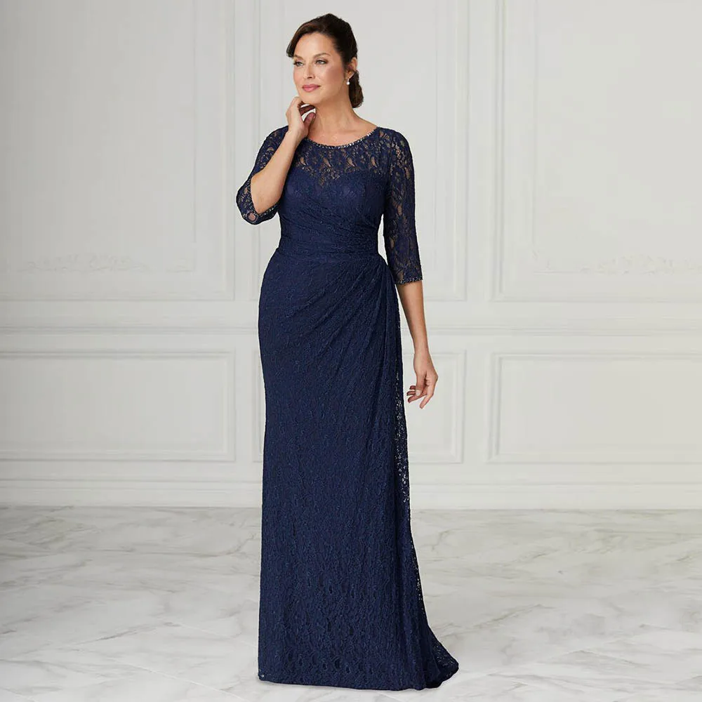 Elegant Lace Mother of the Bride Dresses for Women 3/4 Sleeves 2023 Wedding Guest Gowns Dark Navy Blue Scoop Evening Dress Long