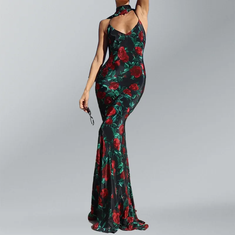 فستان ماكسي صيفي مثير مطبوع بدون ظهر لعام 2025 للنساء فستان أنيق بدون أكمام عالي الخصر للحفلات المسائية والنوادي فساتين طويلة