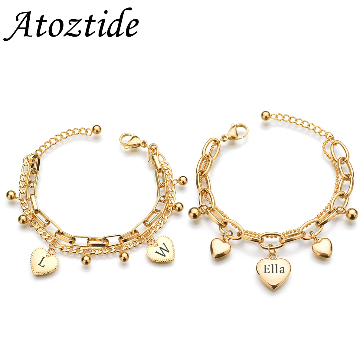 

Atoztide Engrave Name Bracelet For Women Heart Stainless Steel Custom Letter Link Chain Gold Color Bangle Birthday Jewelry Gift