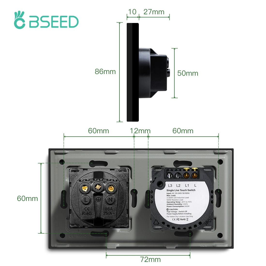 BSEED Touch Light Switch presa a muro vetro 1/2/3Gang Touch Screen Switch presa di corrente Max.300W/Gang Led Switch presa a muro nero