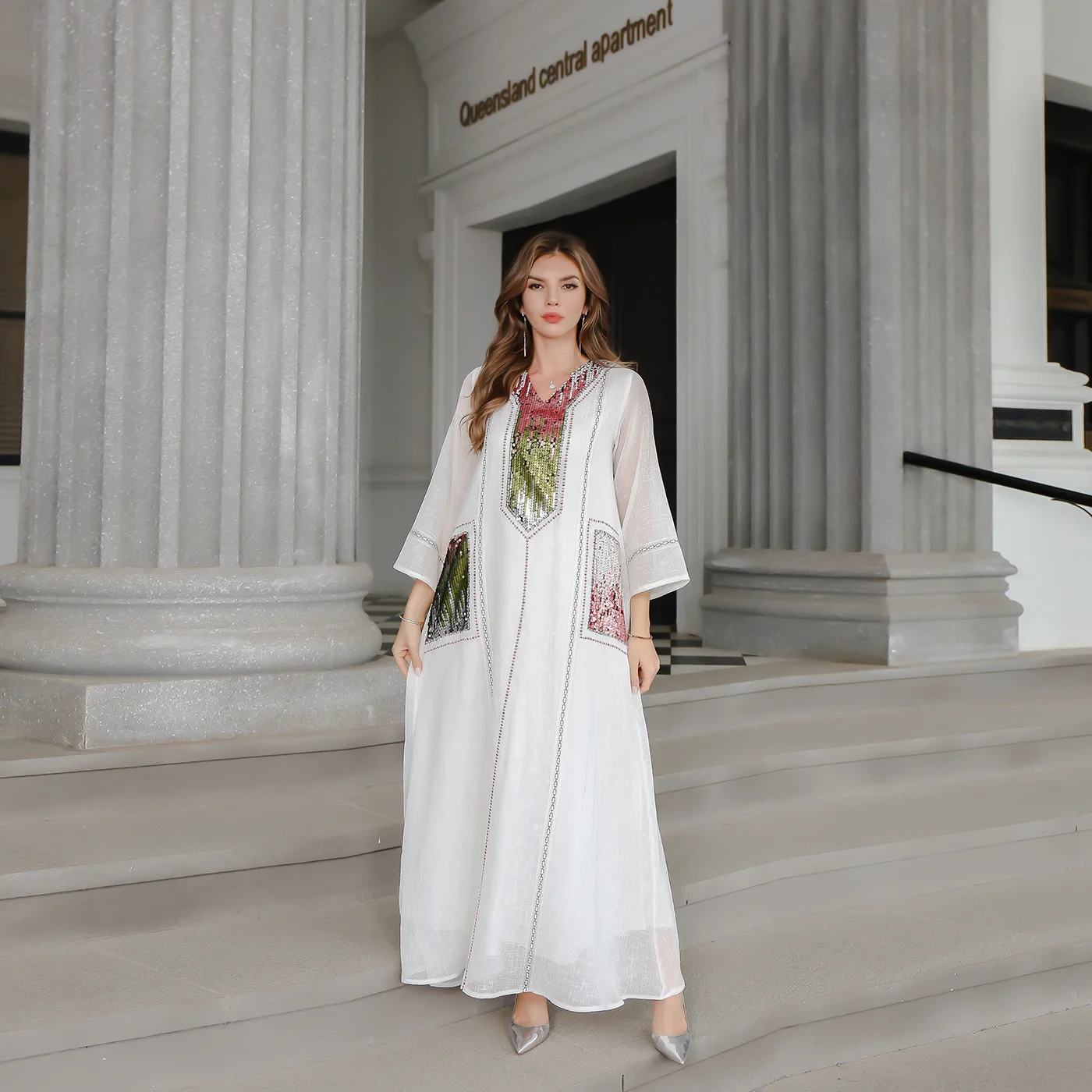 

Мусульманское модное элегантное платье Abaya с блестками для женщин, кафтан с длинным рукавом и V-образным вырезом, Марокканское платье, платья Abayas, арабское платье