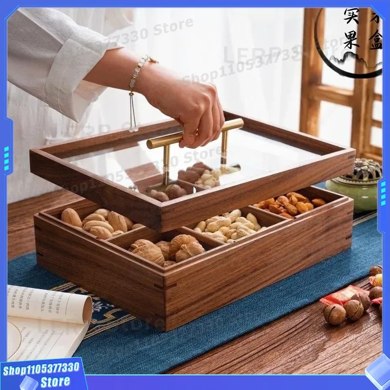 Multi Layer Solid Wood Dried Fruit Box With Transparent Lid Chinese Style Household Candy Plate Dessert Storage Container For