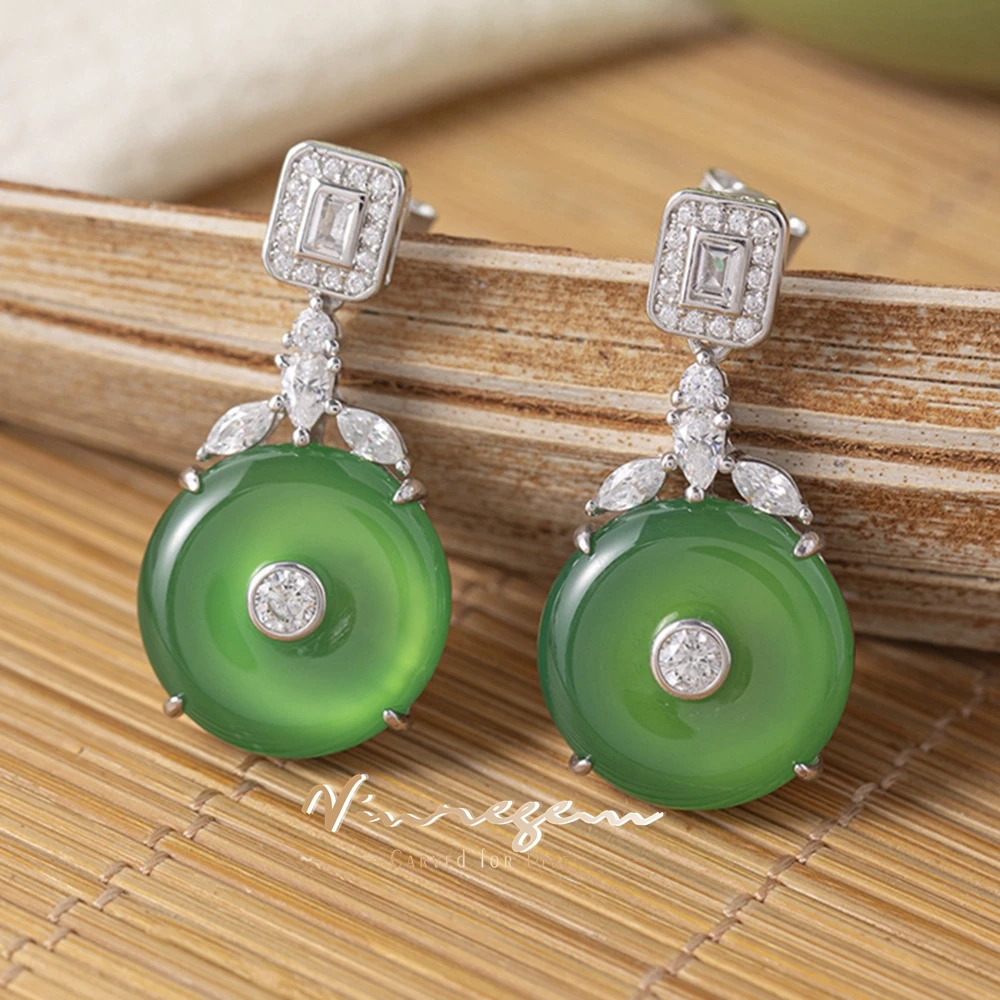 

Vinregem 15 MM Natural Jade High Carbon Diamond Vintage Drop Earrings Studs 925 Sterling Silver Fine Jewelry Anniversary Gifts