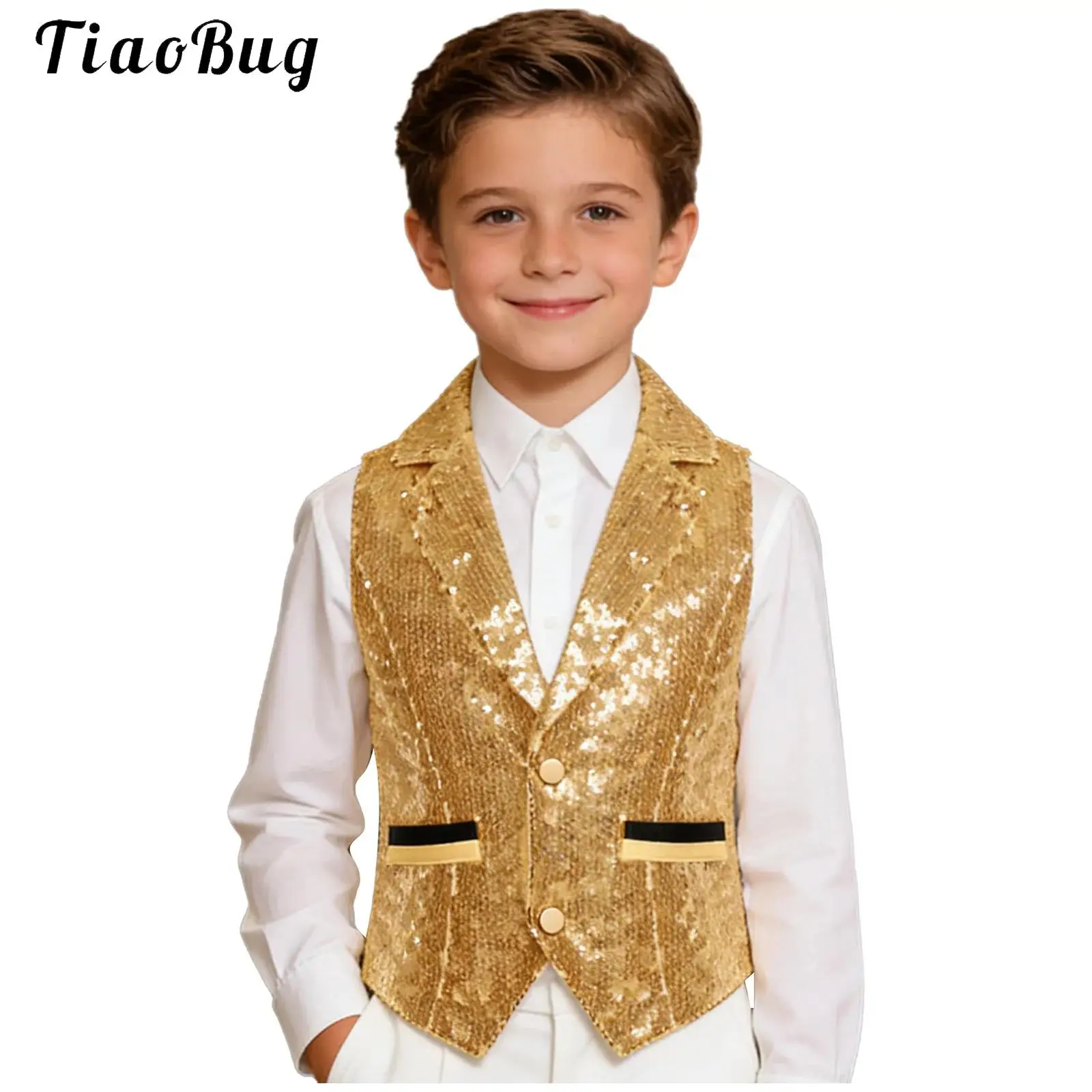 Kids Boys Glittery Waistcoat Button-up Allover Sequin Fully Lined Vest Tank Top Wedding Hip-hop Jazz Dance Performance Costume